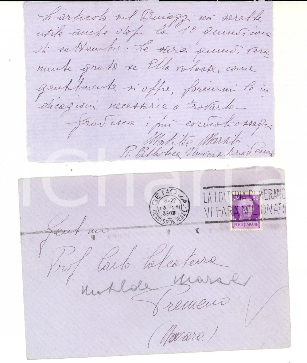 Autografo originale 1935 GENOVA Matilde MARSILI chiede articolo a Carlo CALCATERRA Lettera 1