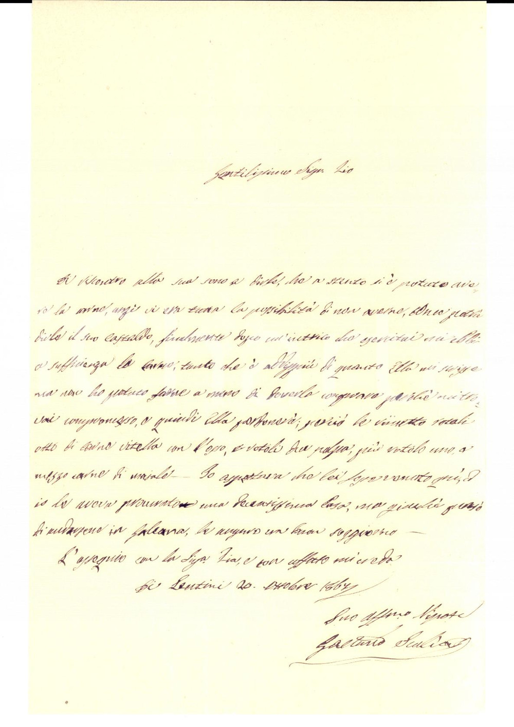 Documento originale, autentico 1867 LENTINI SR Don Gaetano SCALIA invia allo zio carne di vitella con l osso 1