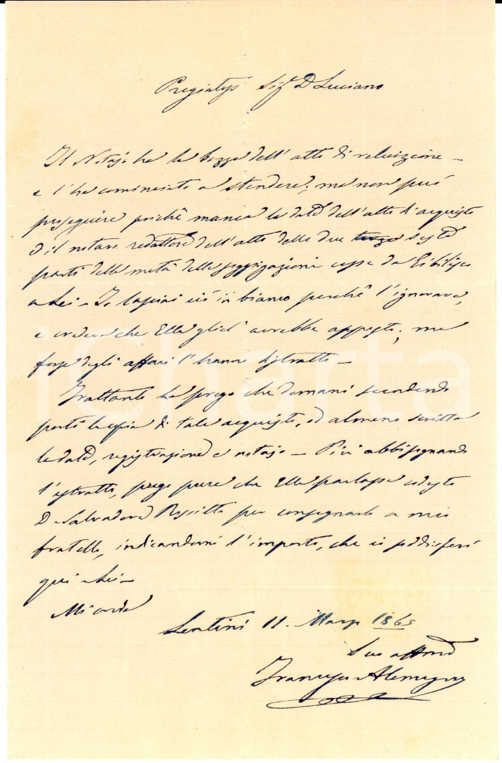 Documento originale, autentico 1865 LENTINI SR Avv. Francesco ALEMAGNA lascia atto in bianco per ignoranza 1