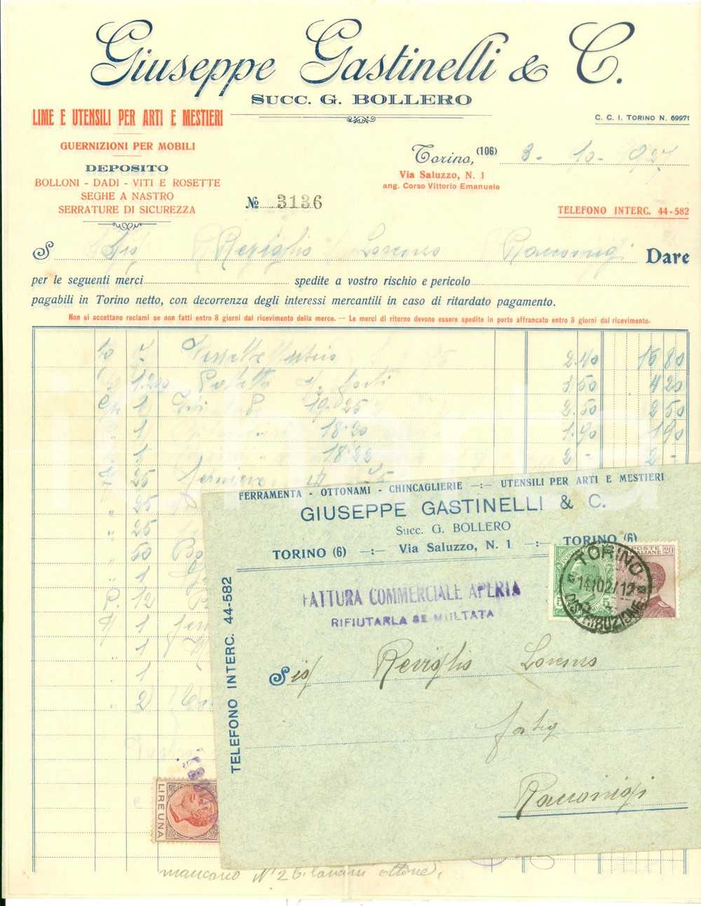 Documento originale, autentico 19261927 TORINO Giuseppe GASTINELLI lime utensili arti mestieri Lotto 2 fatture 1