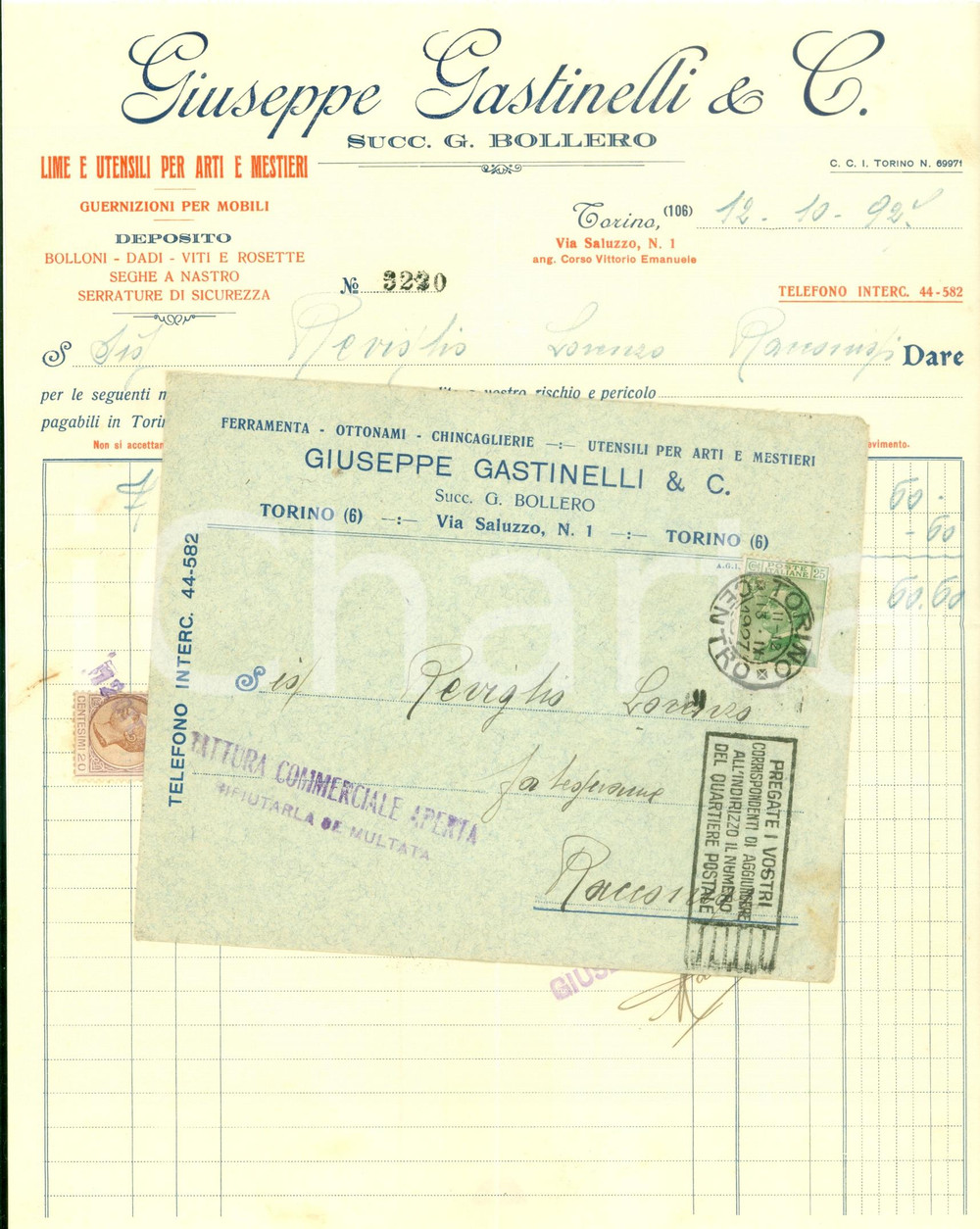 Documento originale, autentico 1927 TORINO Giuseppe GASTINELLI lime utensili arti mestieri Fattura commerciale 1