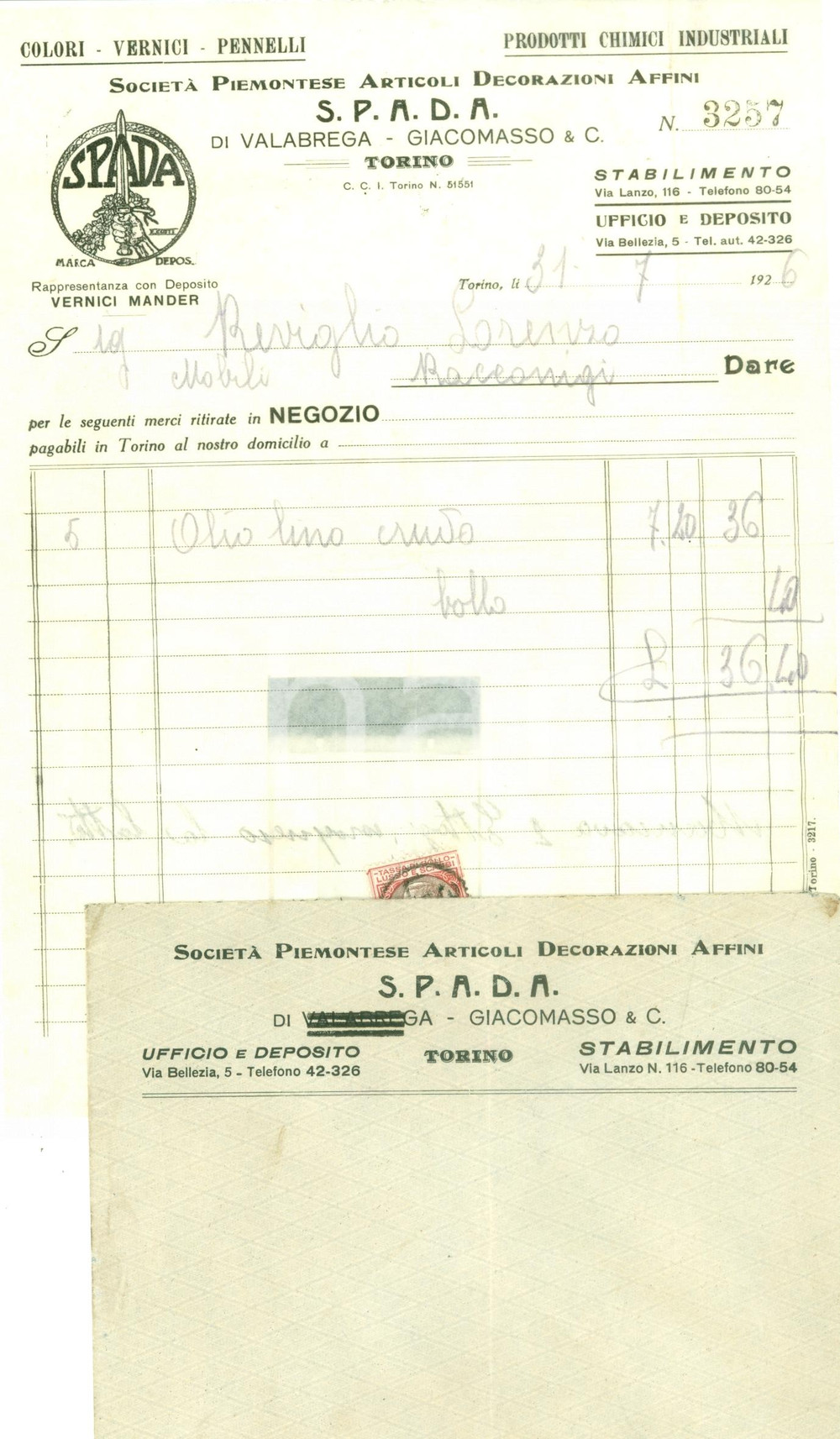 Documento originale, autentico 1926 TORINO S.P.A.D.A. SocietÃ  Piemontese Articoli decorazioni Affini VALABREGA 1