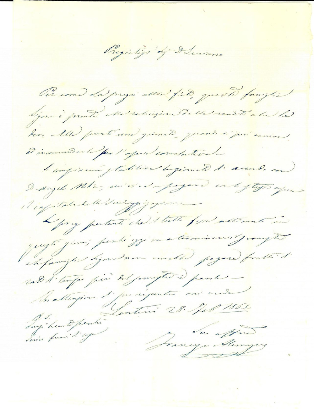 Documento originale, autentico 1865 LENTINI SR Avvocato Francesco ALEMAGNA pro famiglia SIGONA Prefilatelica 1