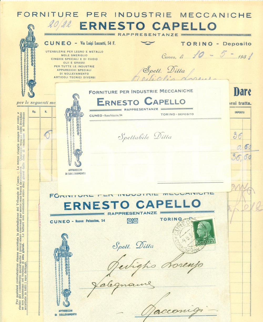 Documento originale, autentico 1931 CUNEO Ernesto CAPELLO Forniture industrie meccaniche Fattura commerciale 1
