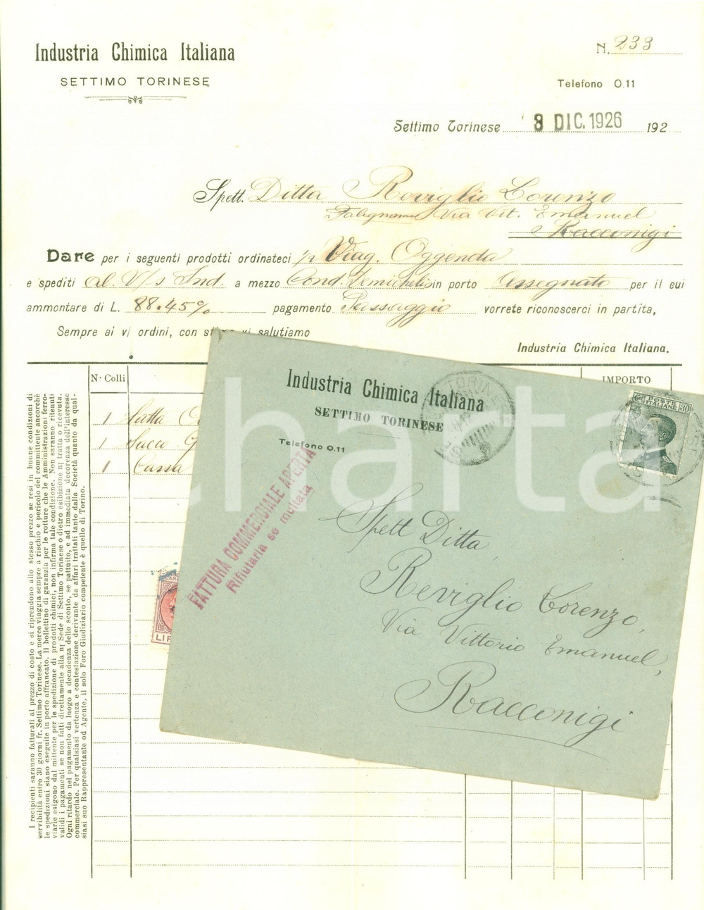 Documento originale, autentico 1926 SETTIMO TORINESE TO Industria Chimica Italiana Fattura commerciale 1