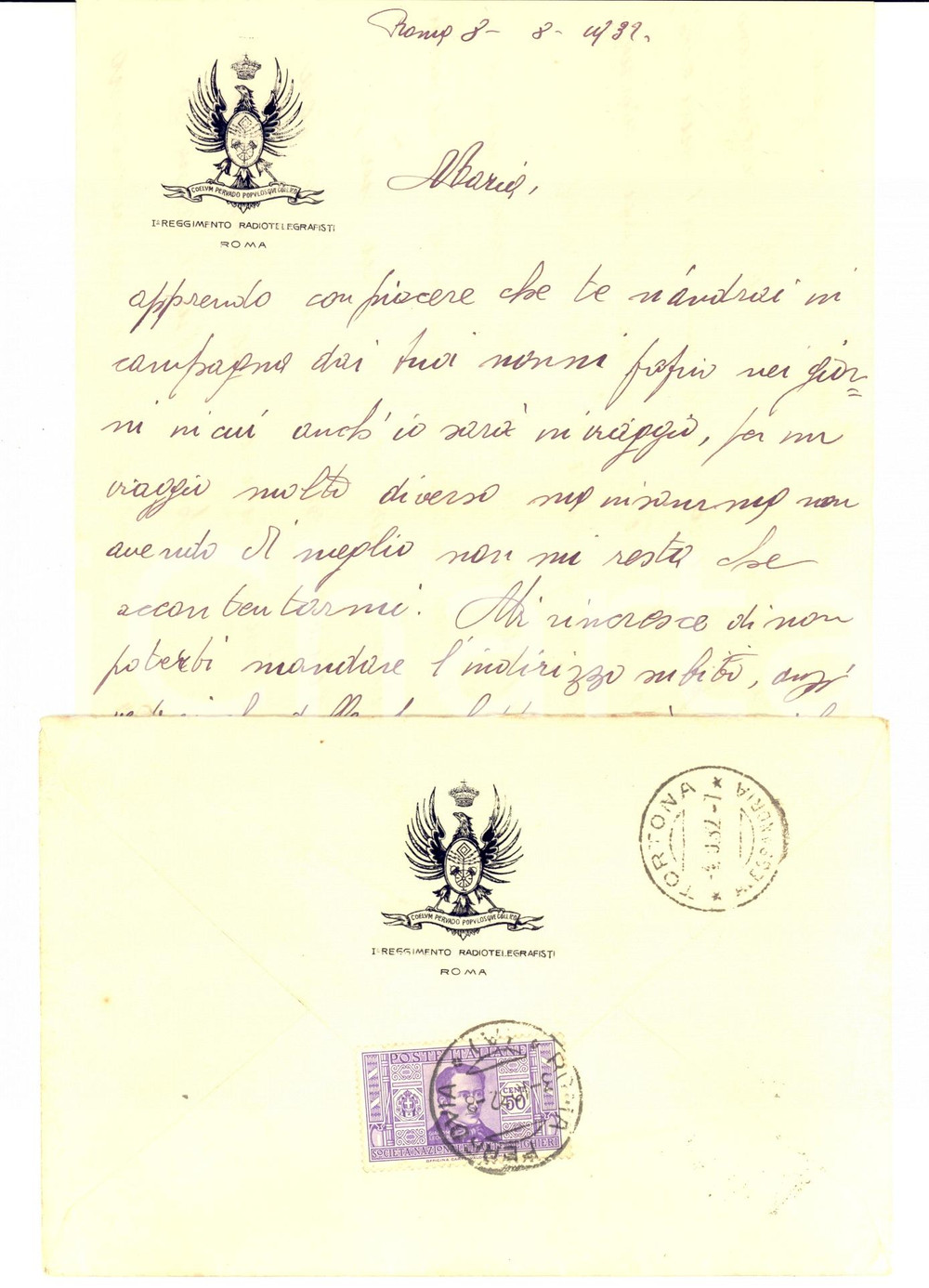 Manoscritto, lettera originale 1932 ROMA 1Â° Reggimento RADIOTELEGRAFISTI Cannonate e fucilate, che delizia! 1