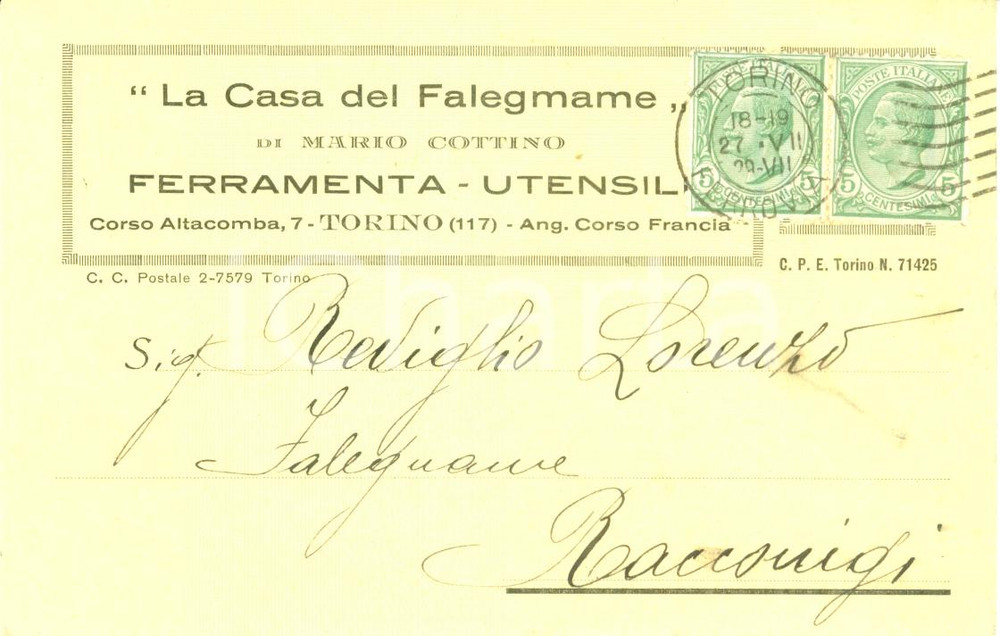 Cartolina originale da collezione 1929 TORINO Mario COTINO La Casa del Falegname Ferramenta utensili Cartolina FP 1