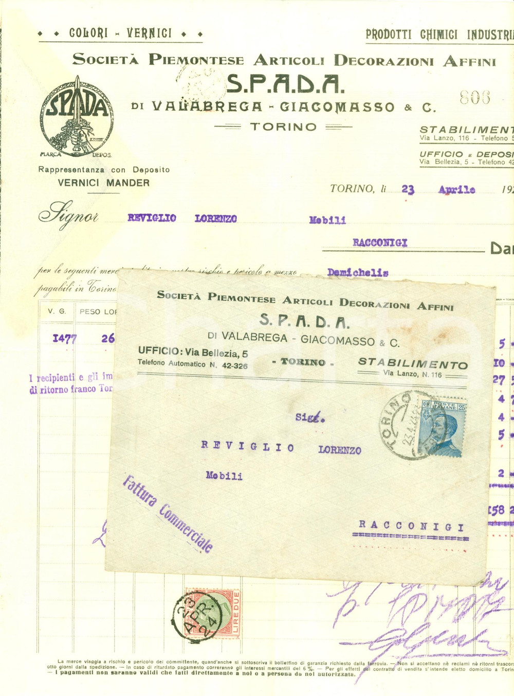 Documento originale, autentico 1924 TORINO S.P.A.D.A. Società Piemontese Articoli decorazioni Affini VALABREGA 1