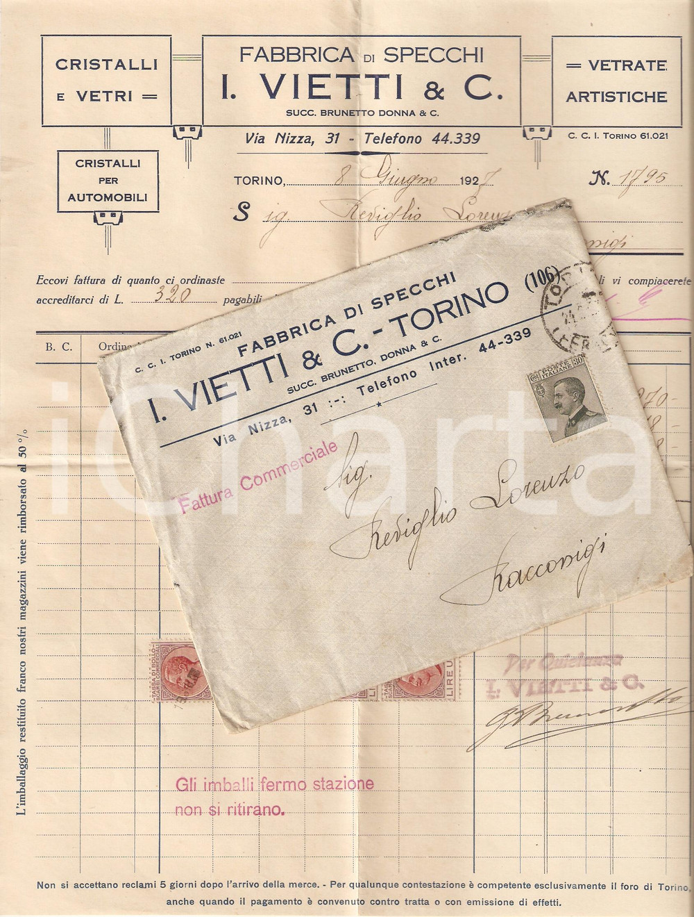 Documento originale, autentico 1927 TORINO Fabbrica di specchi VIETTI & C. Cristalli per automobili Fattura 1