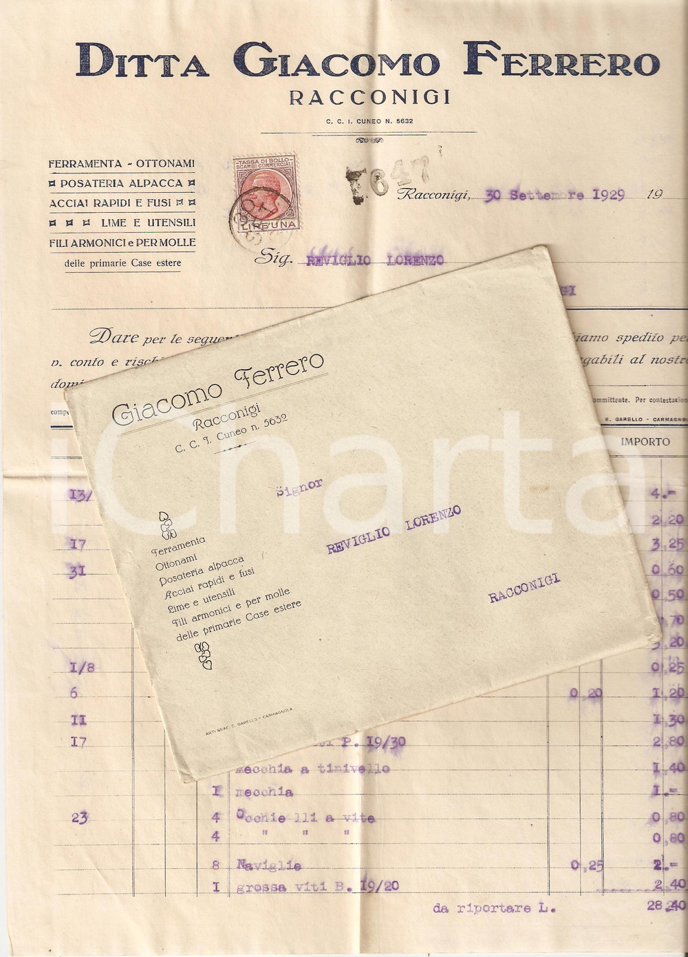 Documento originale, autentico 1929 RACCONIGI CN Ditta Giacomo FERRERO Acciai rapidi e fusi Fattura 1