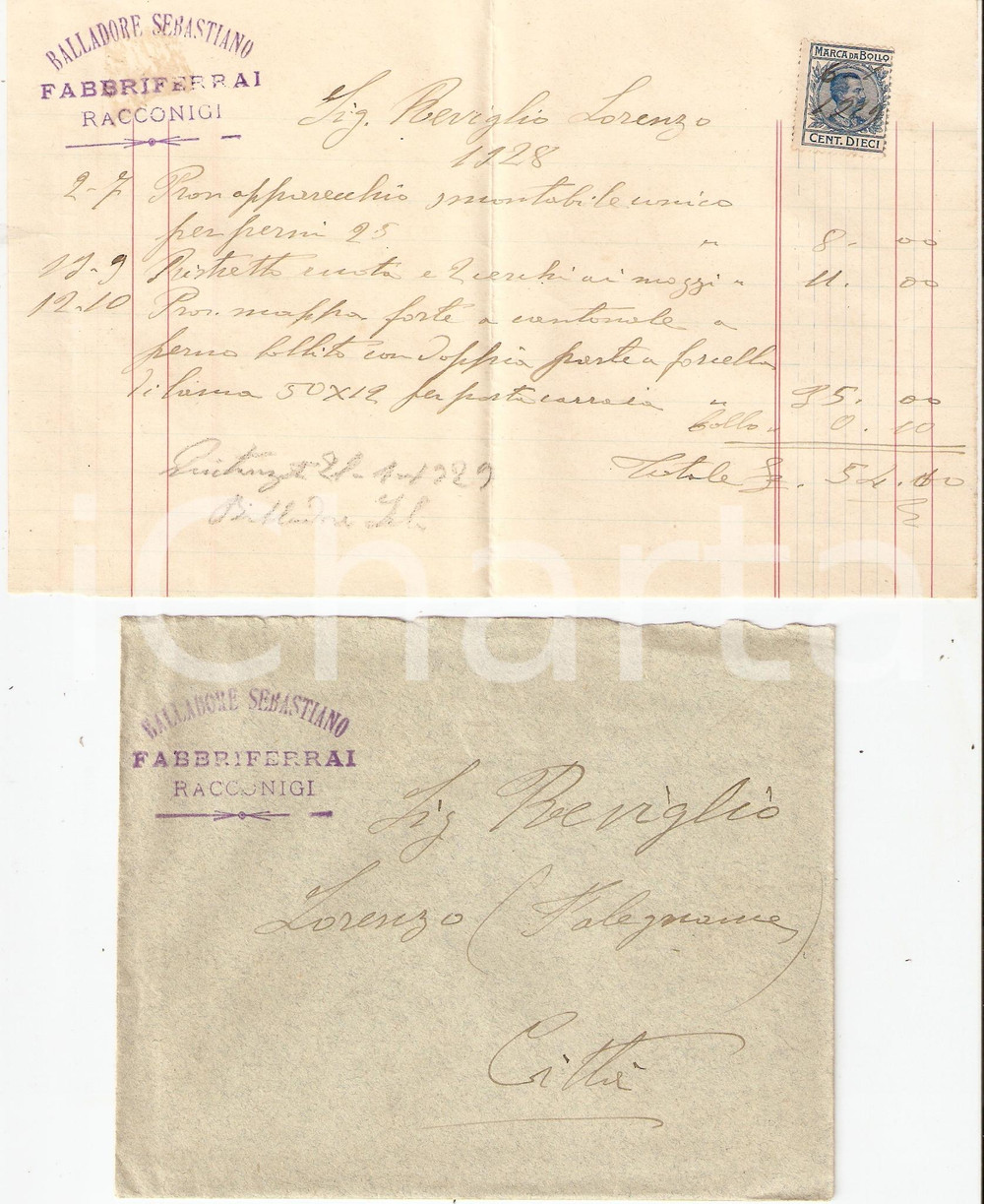 Documento originale, autentico 1928 RACCONIGI CN Sebastiano BALLADORE Fabbriferrai Fattura commerciale 1