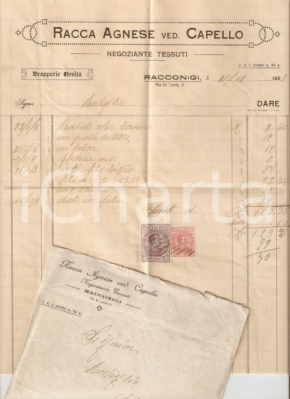 Documento originale, autentico 1929 RACCONIGI CN Agnese RACCA Negoziante tessuti Drapperia Fattura 1