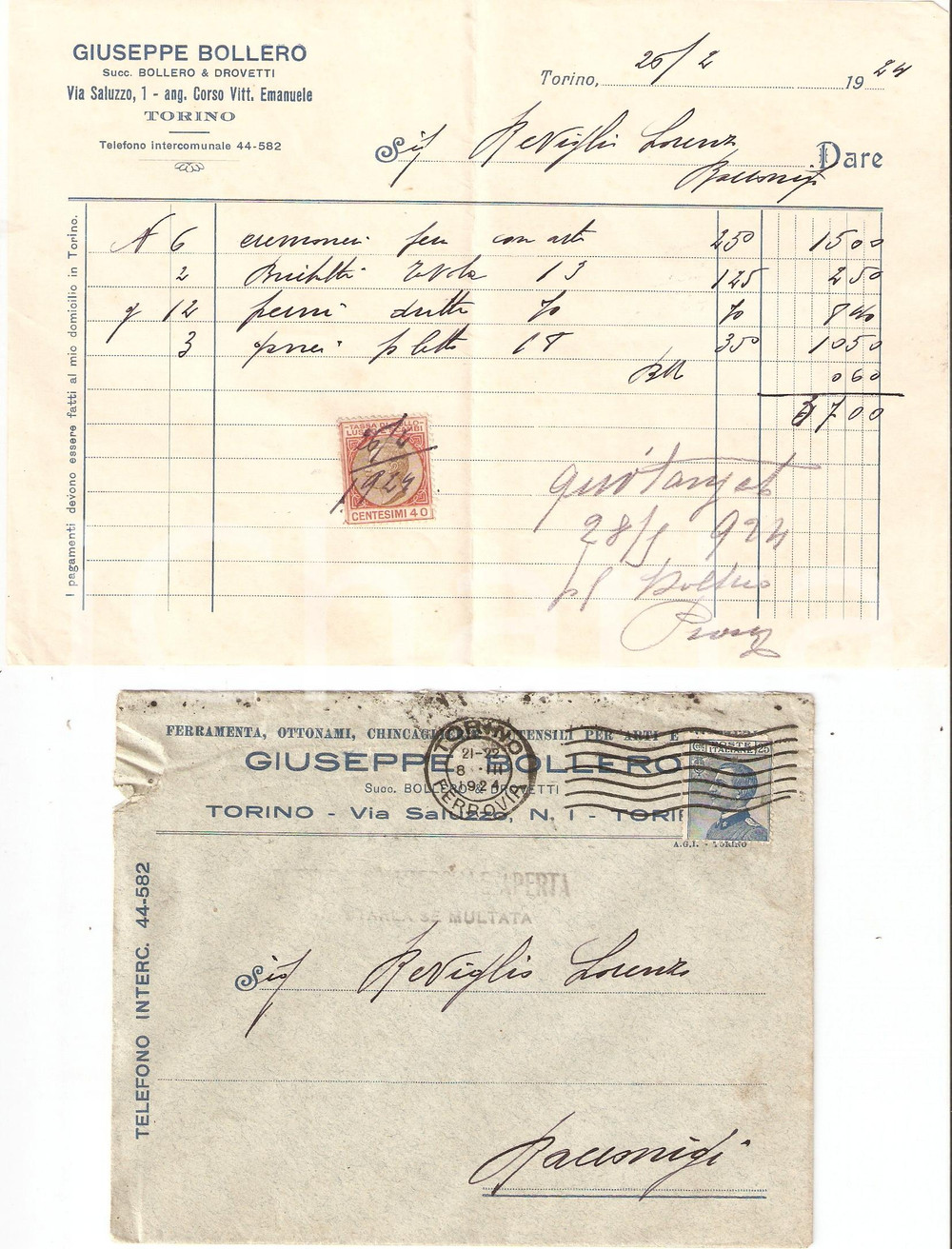 Documento originale, autentico 1924 TORINO Giuseppe BOLLERO Ferramenta Ottonami Chincaglierie Fattura 1