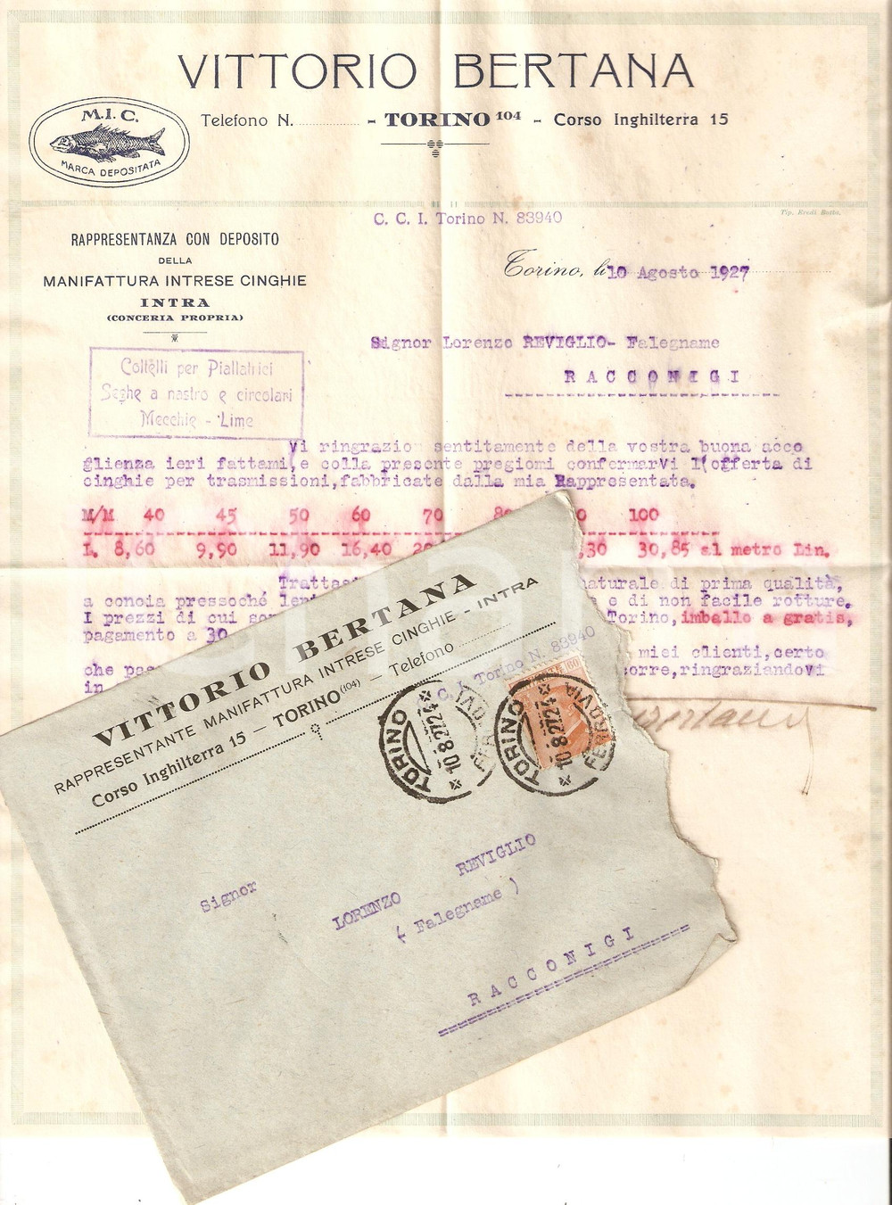 Documento originale, autentico 1927 TORINO Vittorio BERTANA Rappresentante INTRESE CINGHIE Lettera commerciale 1