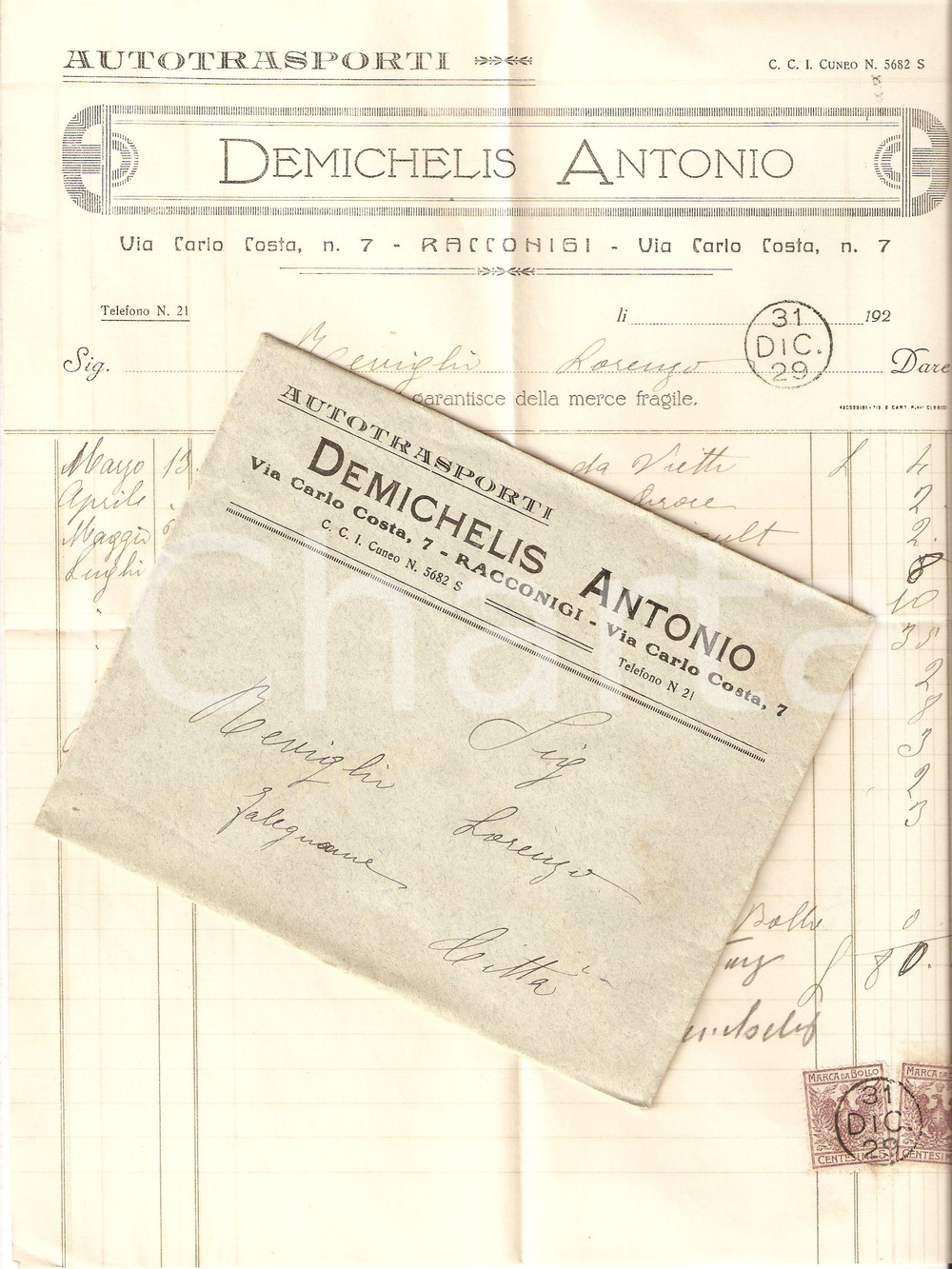 Documento originale, autentico 1929 RACCONIGI CN Antonio DEMICHELIS Autotrasporti Fattura 1
