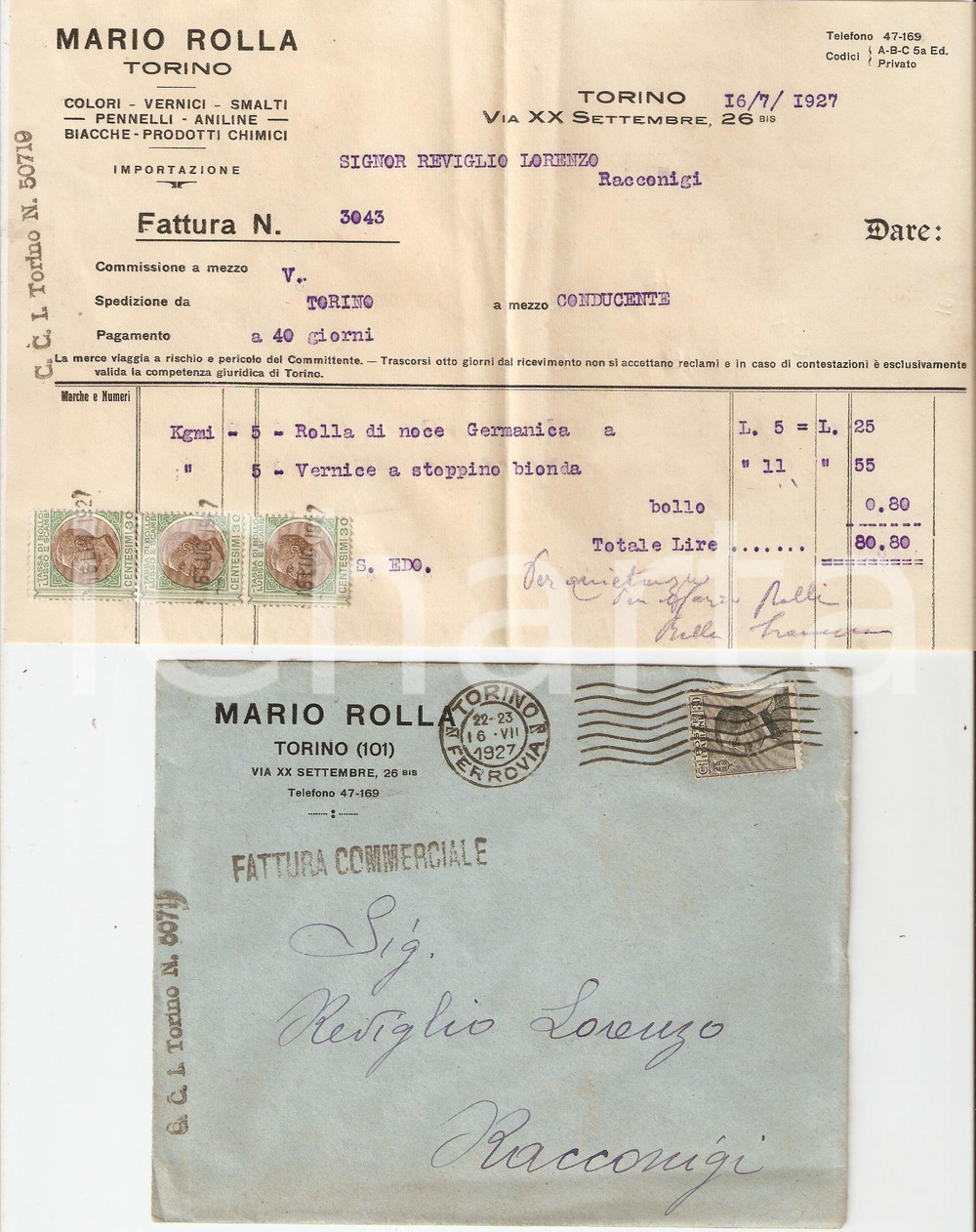Documento originale, autentico 1927 TORINO Mario ROLLA Colori vernici smalti Aniline Fattura commerciale 1