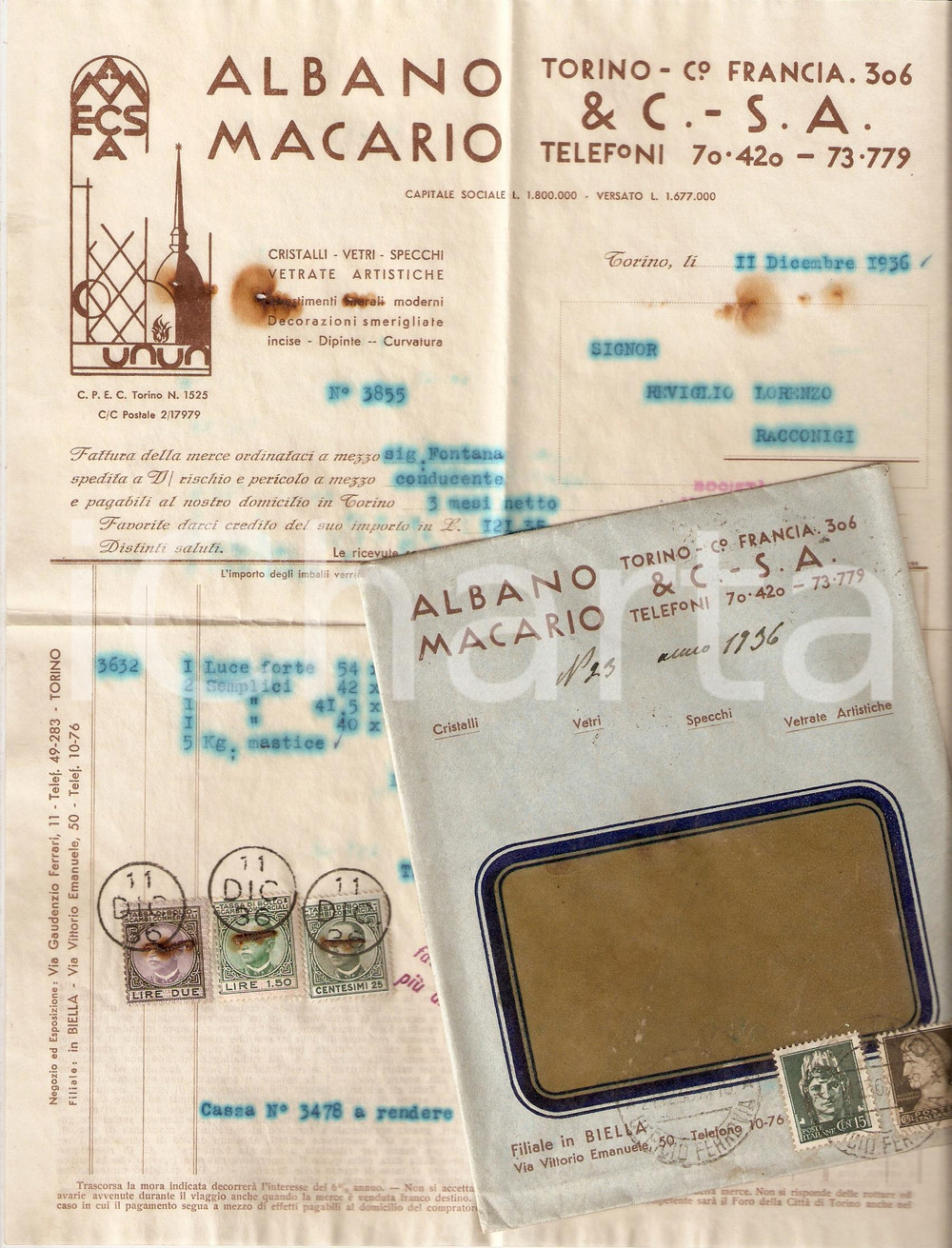 Documento originale, autentico 1936 TORINO Albano MACARIO Vetrate artistiche Specchi Fattura commerciale 1