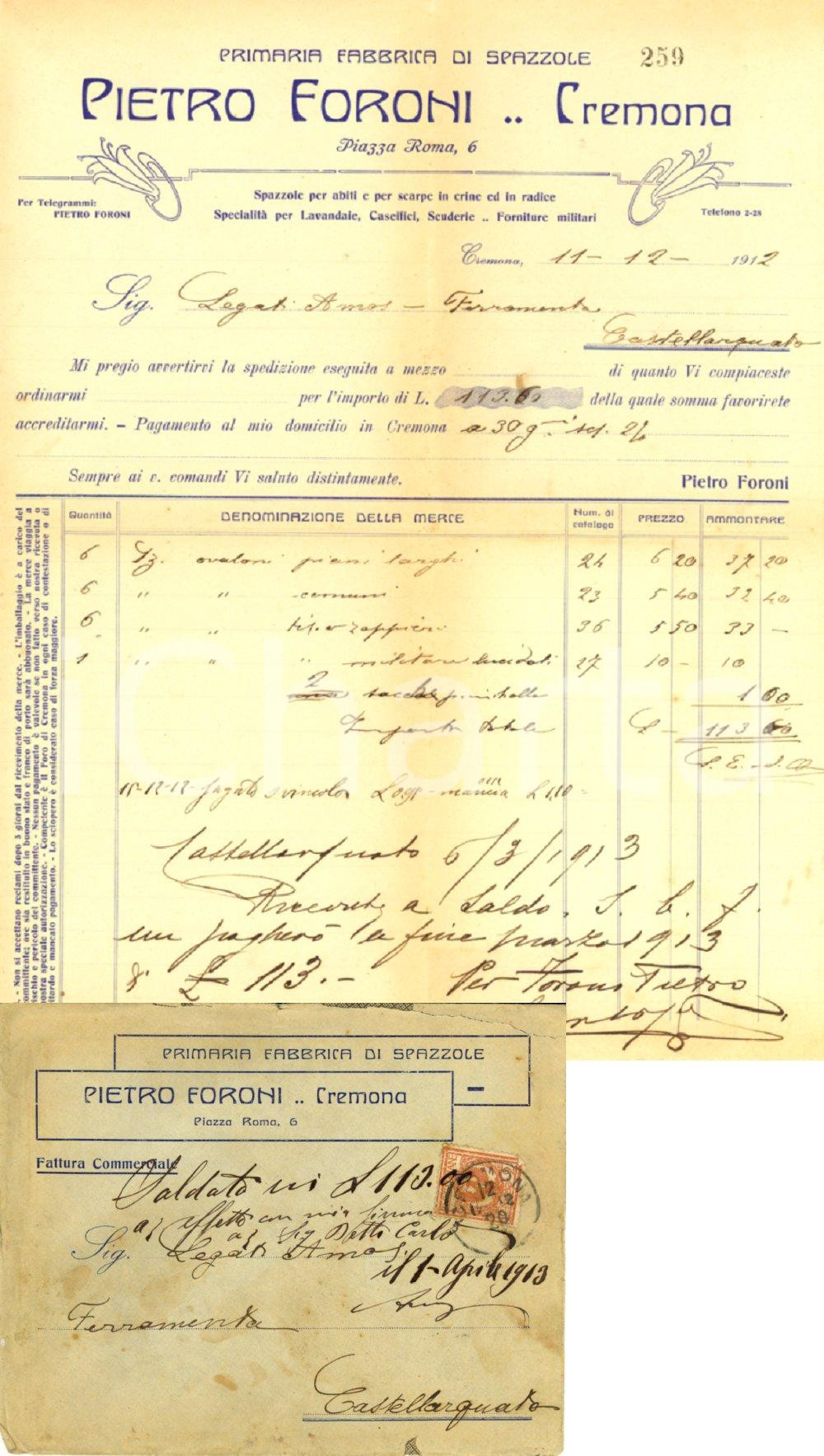 Documento originale, autentico 1912 CREMONA Pietro FORONI fabbrica di spazzole Fattura con busta intestata 1