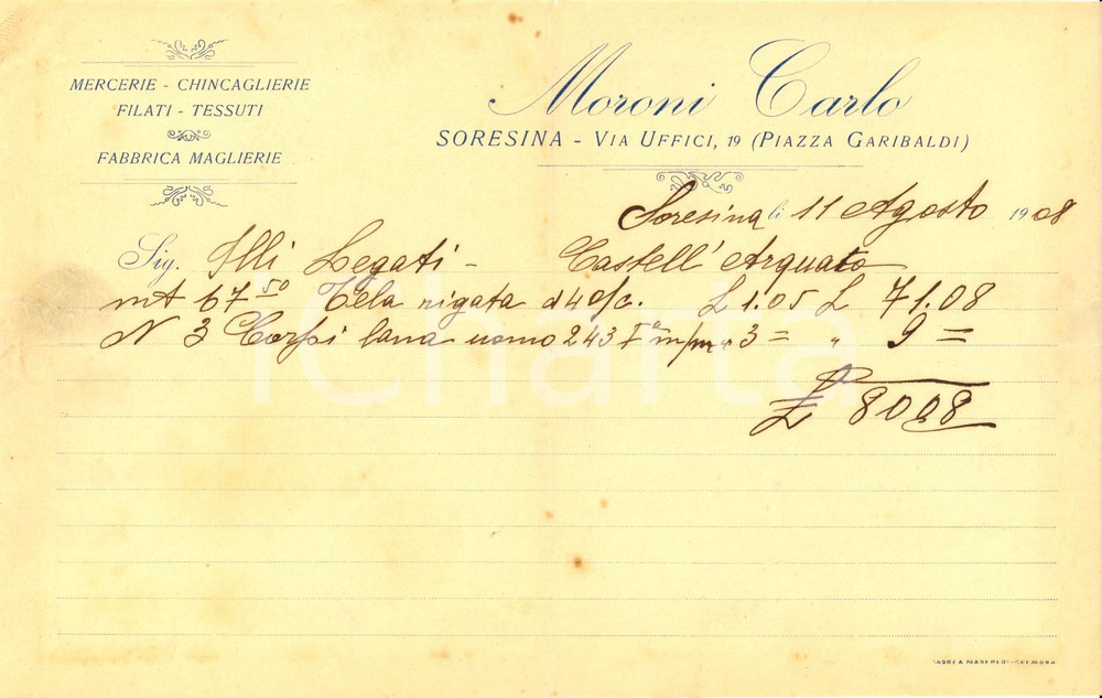 Documento originale, autentico 1908 SORESINA CR Carlo MORONI fabbrica maglierie e mercerie Fattura intestata 1
