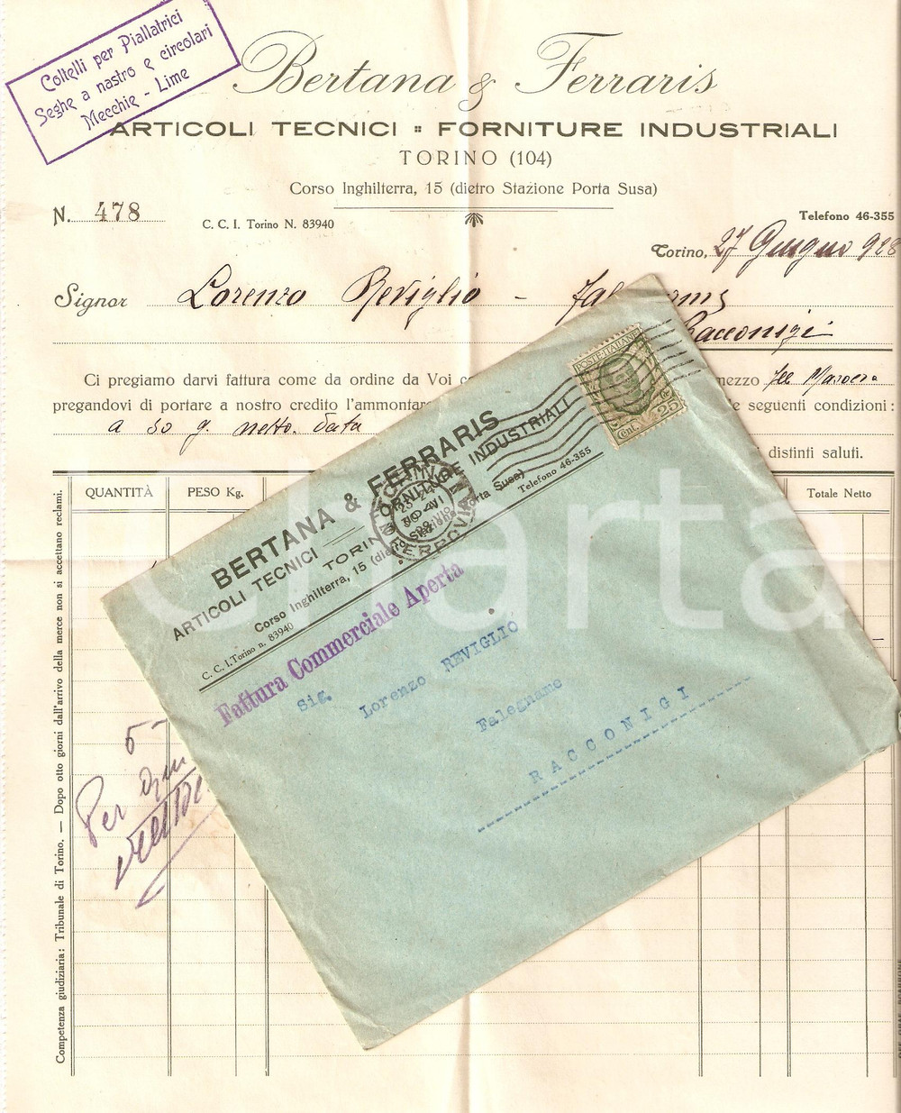 Documento originale, autentico 1928 TORINO Ditta BERTANA & FERRARIS Forniture industriali Fattura commerciale 1