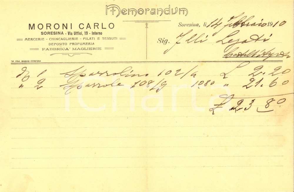 Documento originale, autentico 1910 SORESINA CR Carlo MORONI fabbrica maglierie e mercerie Fattura intestata 1
