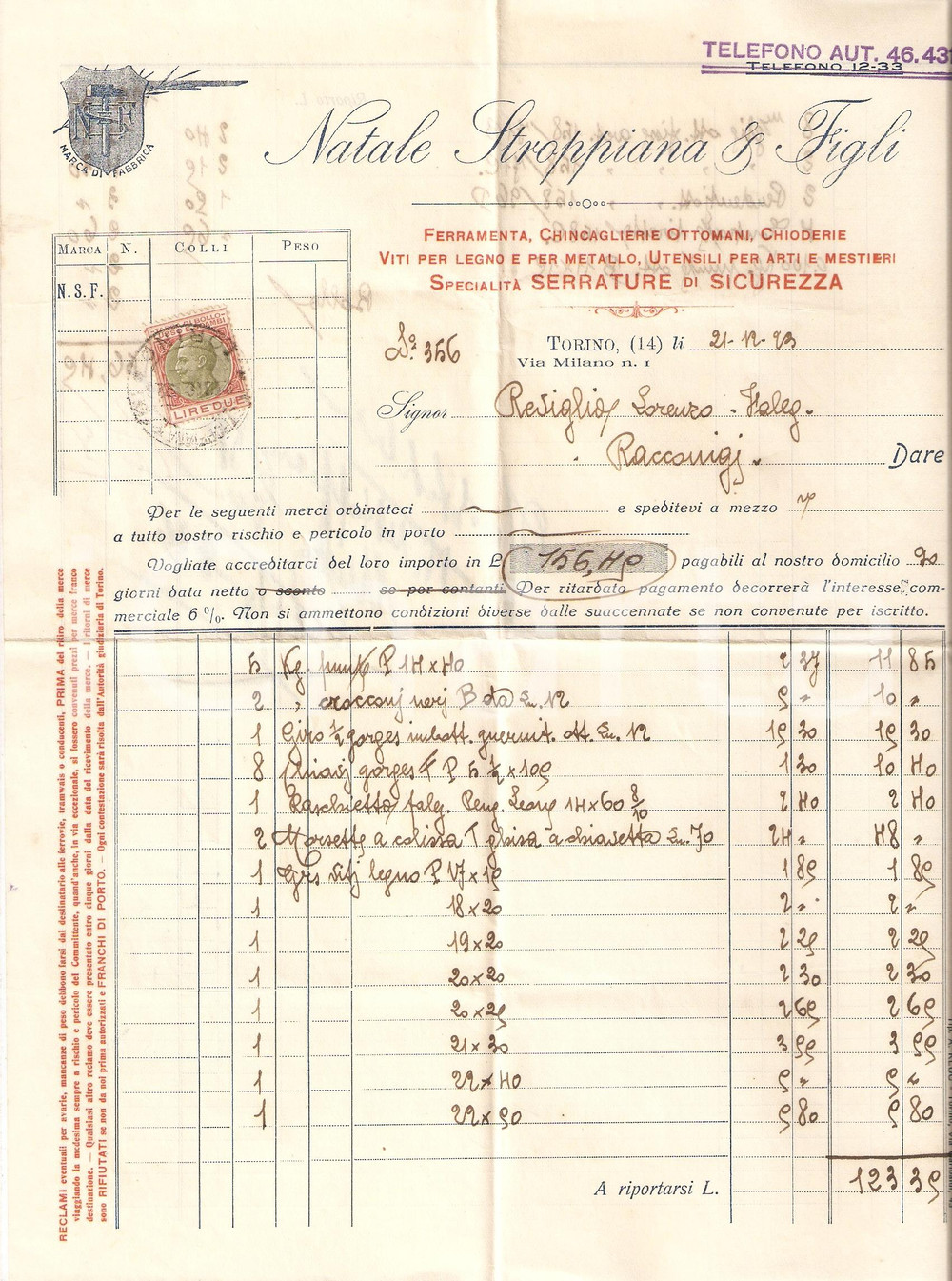 Documento originale, autentico 1923 TORINO Natale STROPPIANA & FIGLI Serrature di sicurezza Fattura commerciale 1