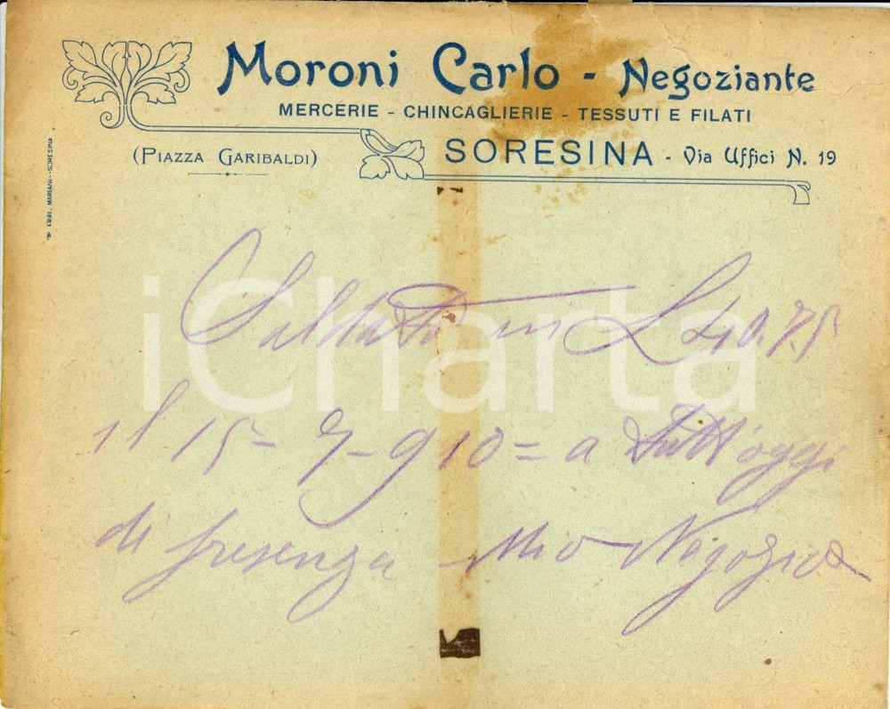 Documento originale, autentico 1910 SORESINA CR Carlo MORONI mercerie, tessuti e filati Busta intestata 1