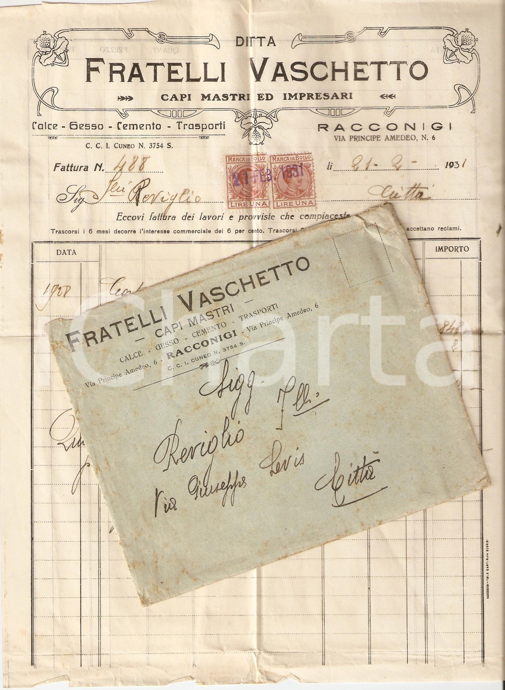 Oggetto da collezione cartaceo 1931 RACCONIGI CN Fratelli VASCHETTO Capi mastri e impresari Fattura con busta 1