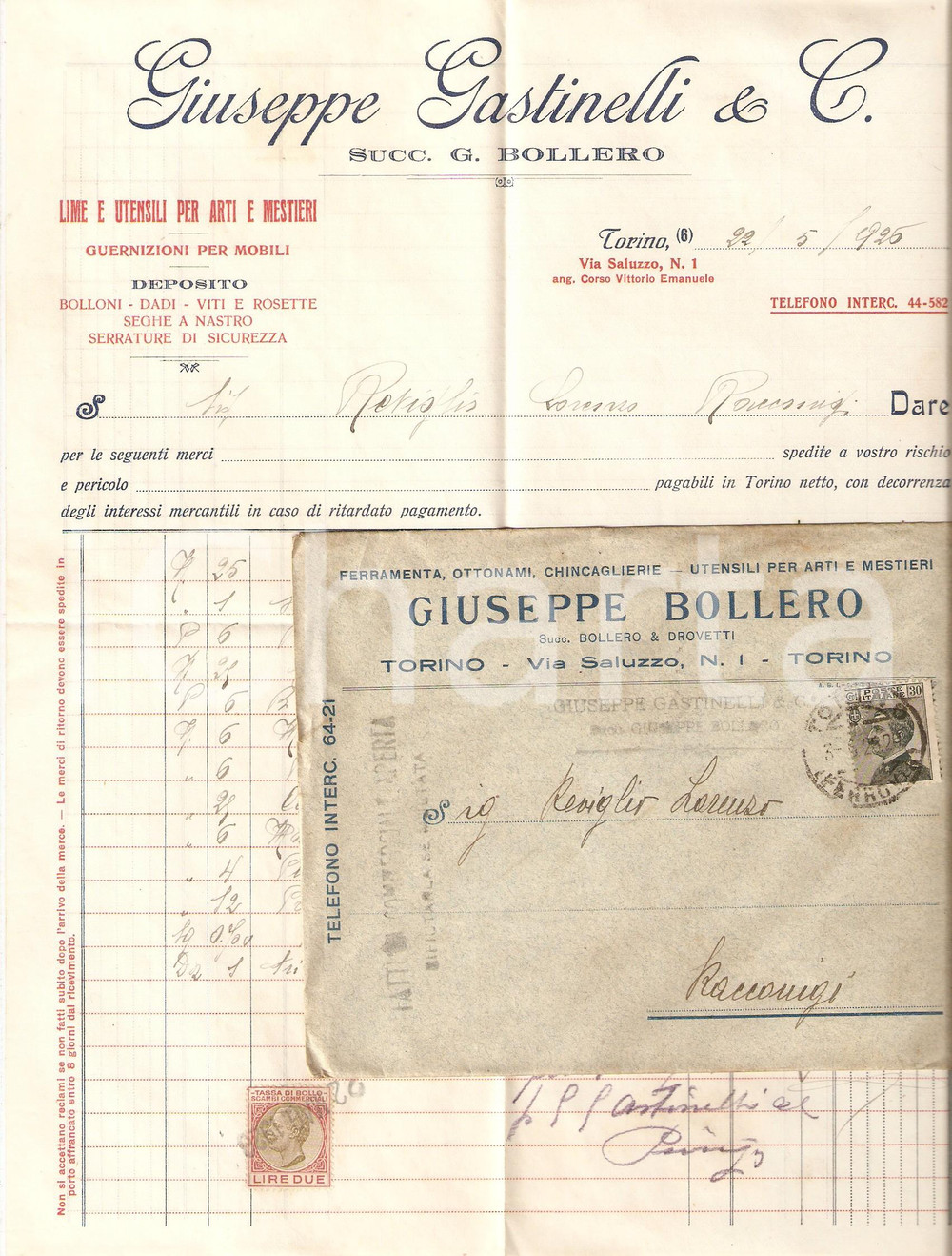 Oggetto da collezione cartaceo 1925 TORINO Giuseppe GASTINELLI Utensili per arti mestieri Fattura con busta 1