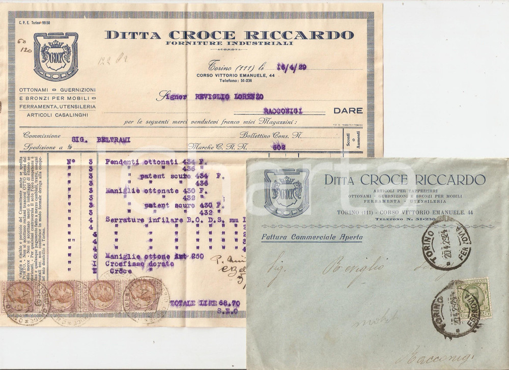 Oggetto da collezione cartaceo 1929 TORINO Ditta Riccardo CROCE Articoli per tappezzieri Fattura con busta 1
