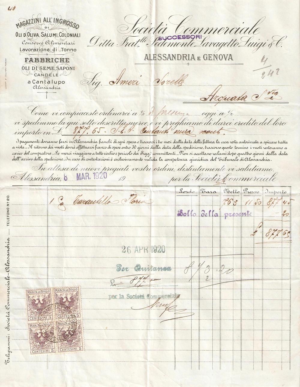 Oggetto da collezione cartaceo 1920 CANTALUPO AL Ditta Fratelli PEDEMONTE Luigi LAVAGETTO Oli d oliva Fattura 1