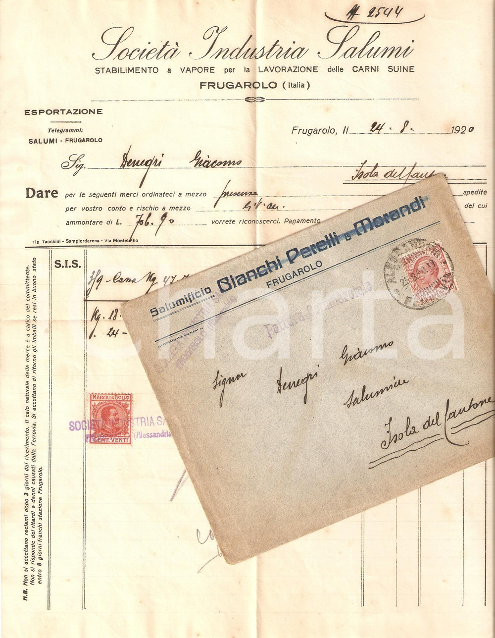 Oggetto da collezione cartaceo 1920 FRUGAROLO AL Società Industria Salumi Lavorazione carni suine Fatture 1