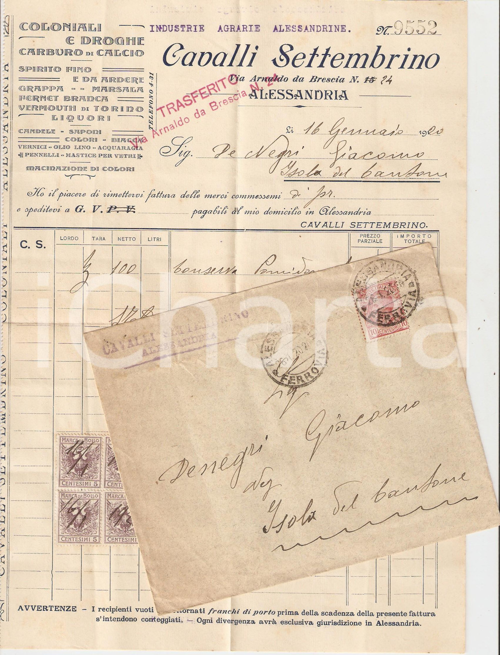 Oggetto da collezione cartaceo 1920 ALESSANDRIA Ditta Settembrino CAVALLI Coloniali e droghe Fattura 1