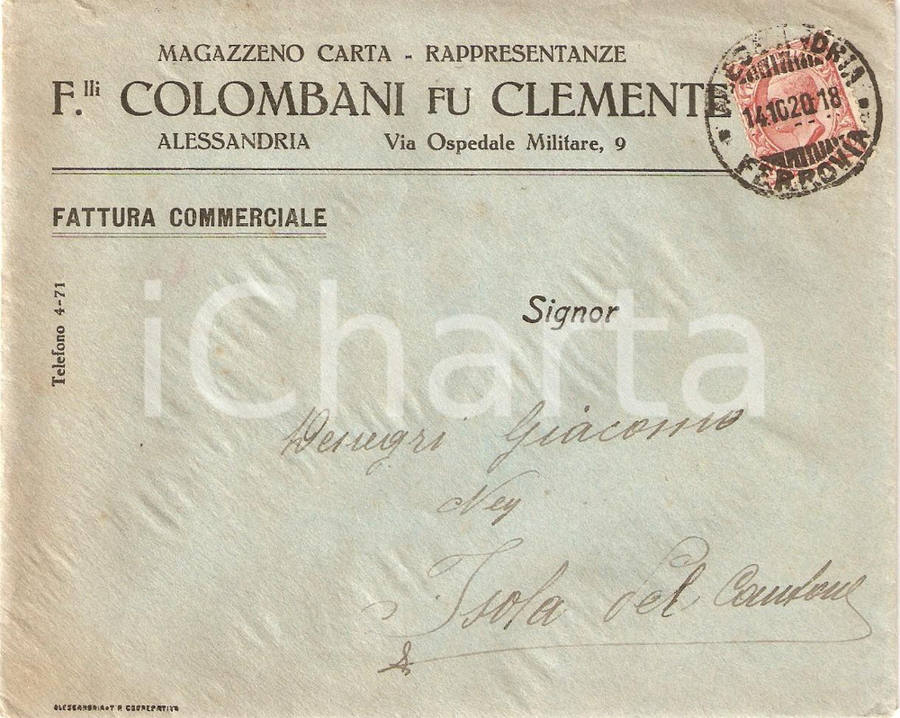 Oggetto da collezione cartaceo 1920 ALESSANDRIA Fratelli COLOMBANI fu Clemente Magazzeno carta Busta VUOTA 1
