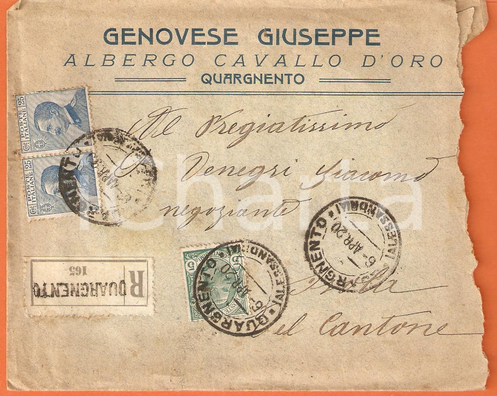 Oggetto da collezione cartaceo 1920 QUARGNENTO AL Albergo CAVALLO D ORO di Giuseppe GENOVESE Busta VUOTA 1
