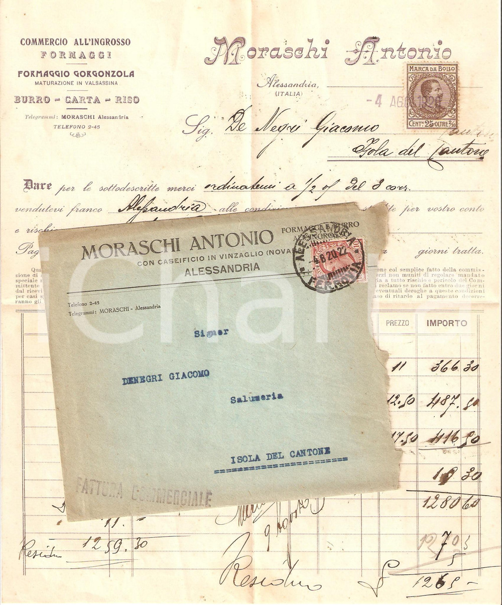 Oggetto da collezione cartaceo 1920 VINZAGLIO NO Caseificio Antonio MORASCHI Formaggi e burro Fattura 1