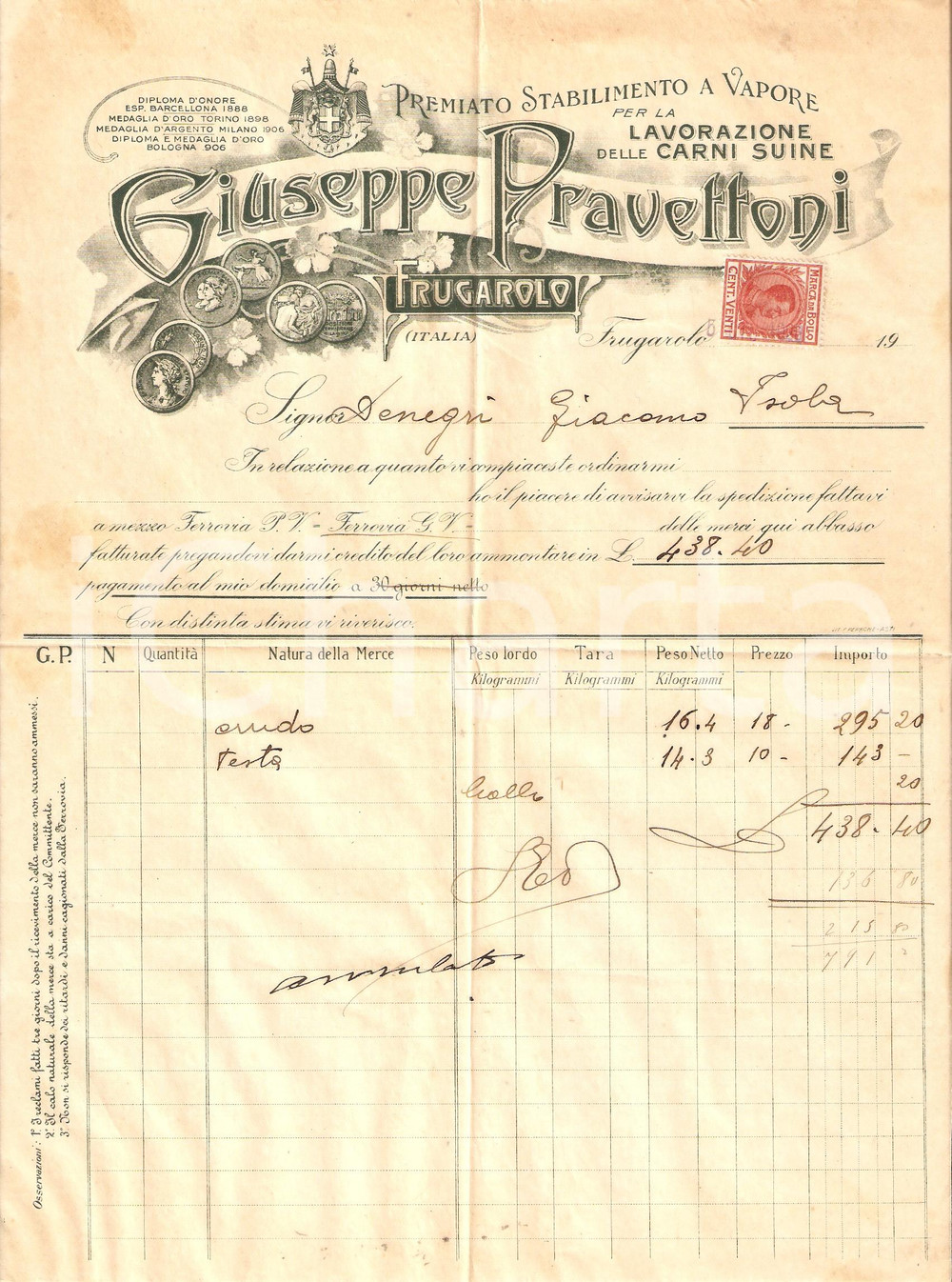 Oggetto da collezione cartaceo 1920 FRUGAROLO AL Giuseppe PRAVETTONI Premiata fabbrica salumi Fattura 1 1