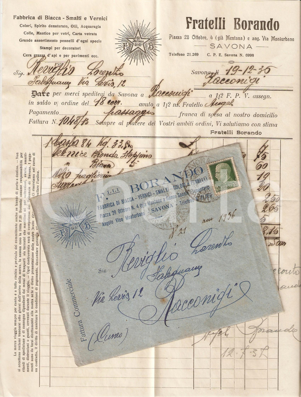 Oggetto da collezione cartaceo 1936 SAVONA Fratelli BORANDO Fabbrica di biacca e vernici Fattura con busta 1