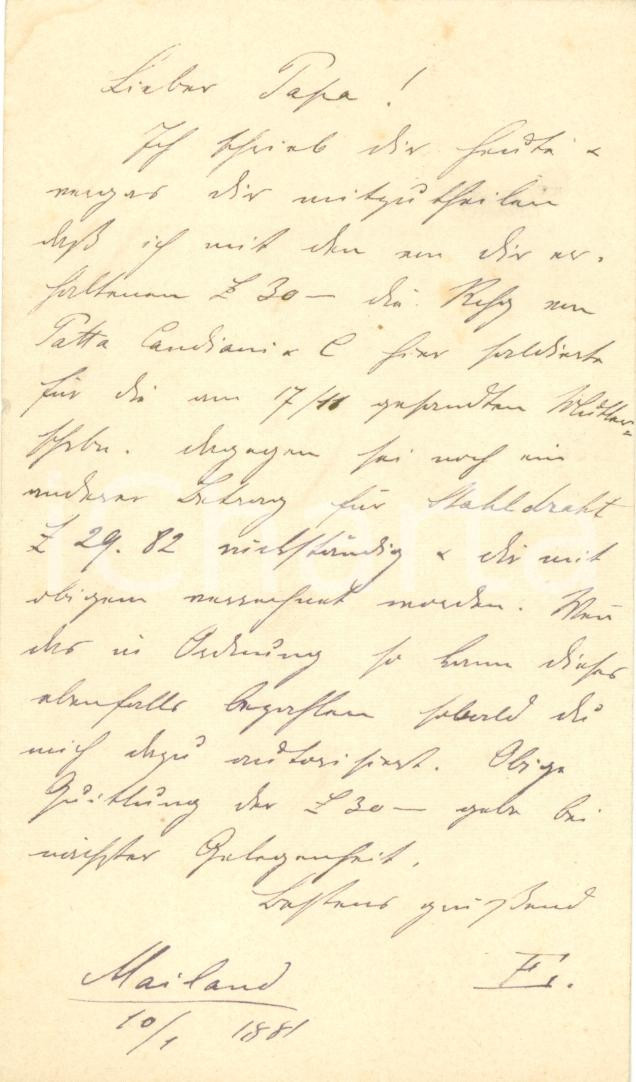 Documento originale, autentico 1881 MILANO Fili d acciaio PATTA CANDIANI & C. per Melchiorre GULLER Intra 1