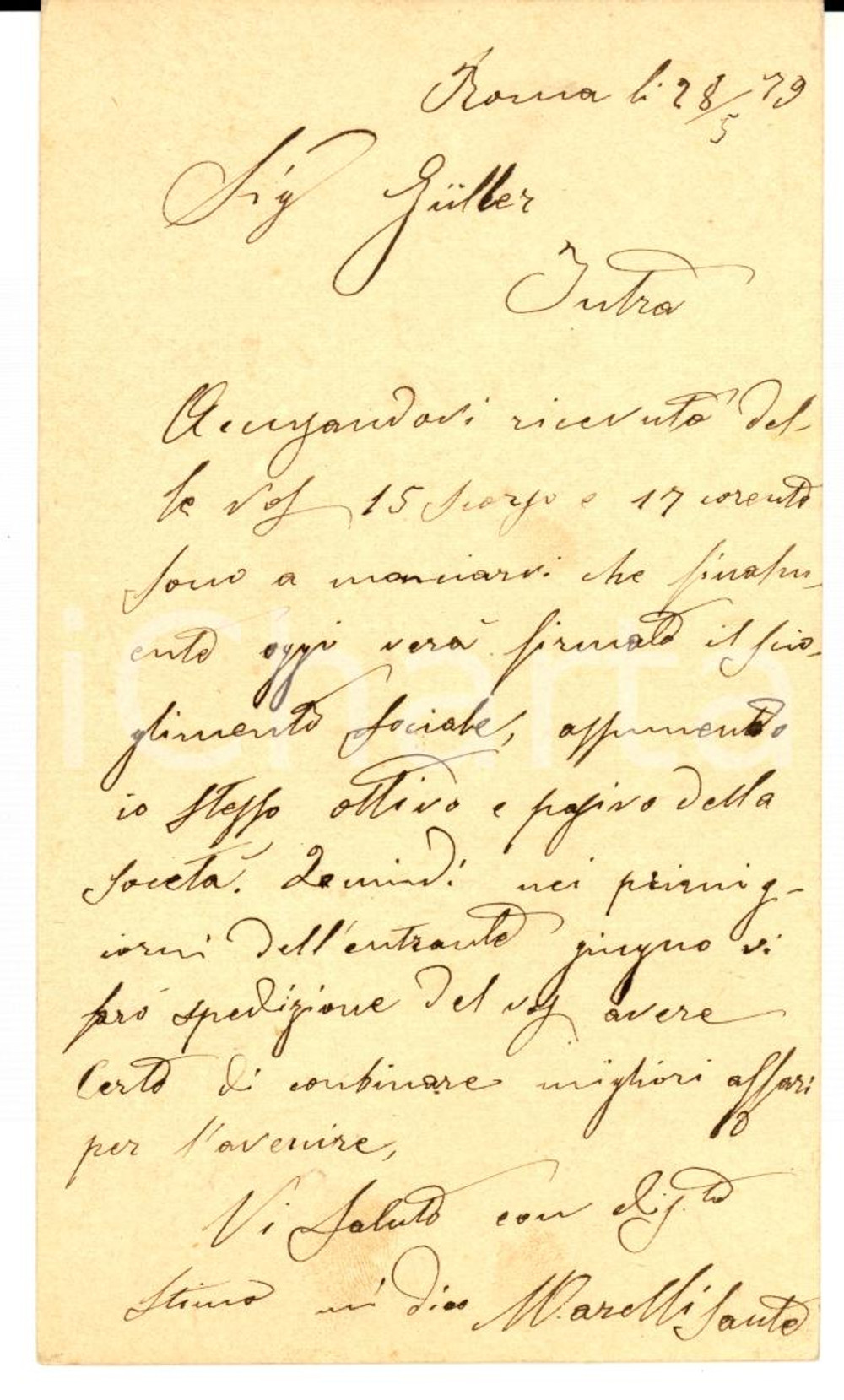 Documento originale, autentico 1879 ROMA Sante MARELLI a Melchiorre GULLER Verbania su scioglimento societÃ  1