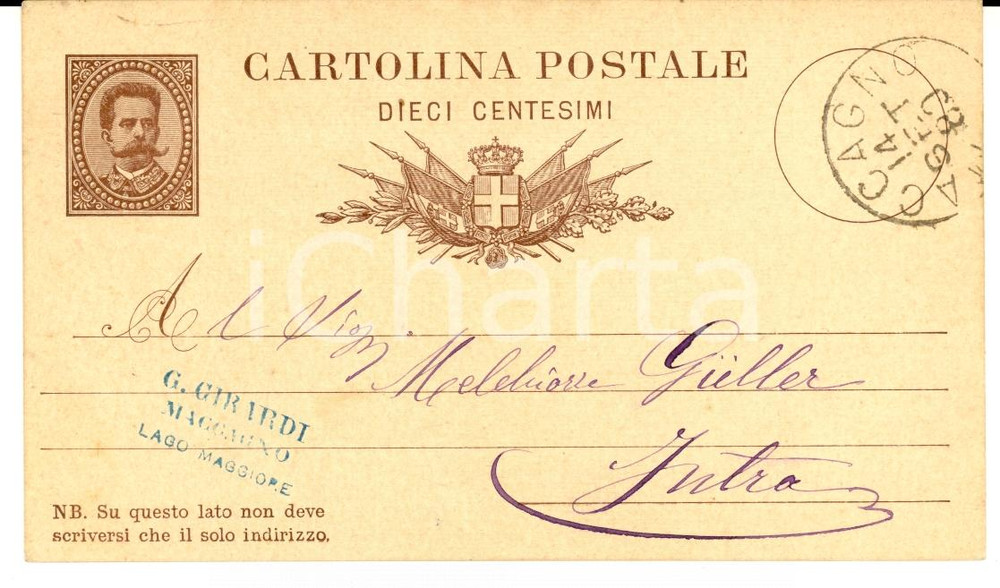 Documento originale, autentico 1880 MACCAGNO VA Ditta Giuseppe GIRARDI a Melchiorre GULLER Verbania Cartolina 1
