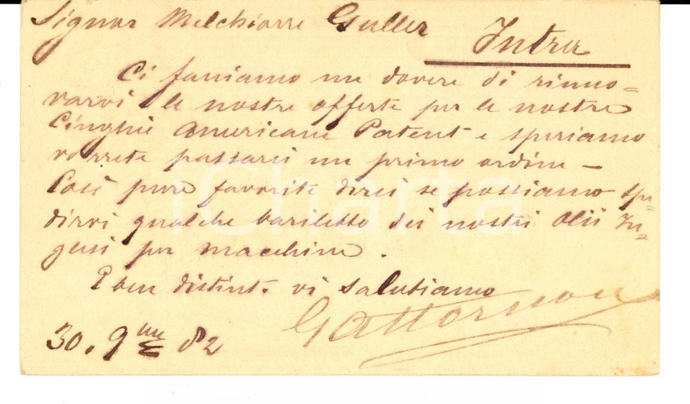 Documento originale, autentico 1882 GENOVA Ditta GATTORNO a Melchiorre GULLER Verbania per cinghie americane 1