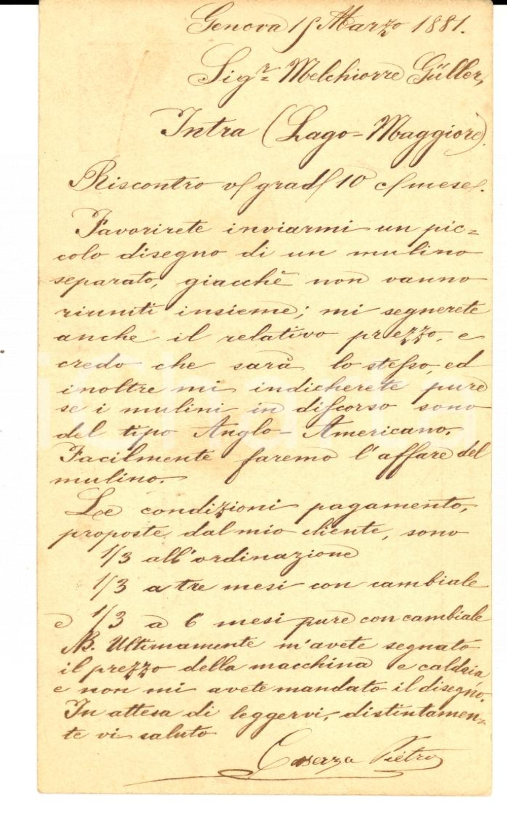 Documento originale, autentico 1881 GENOVA Ditta Pietro CASERZA a Melchiorre GULLER Verbania per disegno mulino 1