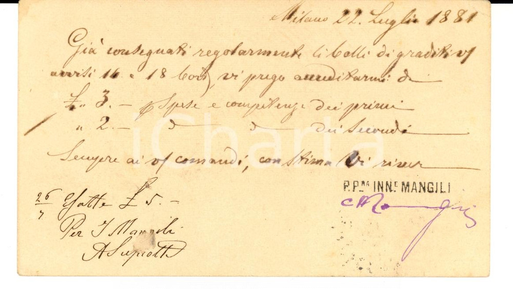 Documento originale, autentico 1881 MILANO Cesare MANGILI a Melchiorre GULLER Verbania Cartolina con AUTOGRAFO 1