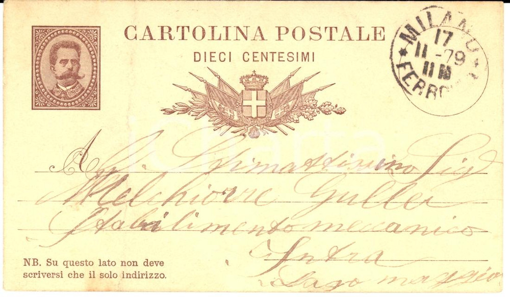 Documento originale, autentico 1879 MILANO Attilio RUSCHETTA a Melchiorre GULLER Verbania INTRA Cartolina FP 1