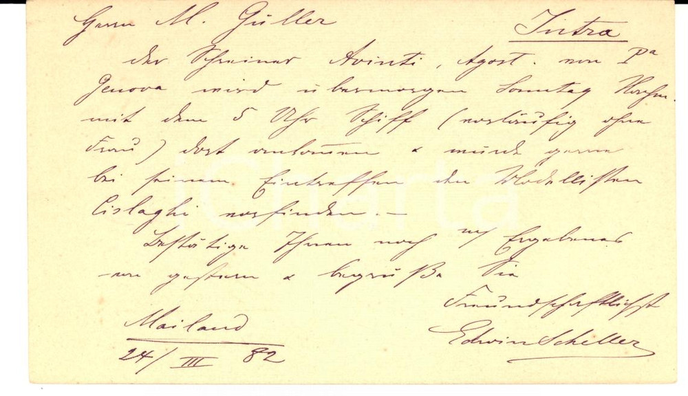 Documento originale, autentico 1882 MILANO Cartolina Edwin SCHILLER a Melchiorre GULLER Verbania INTRA 1