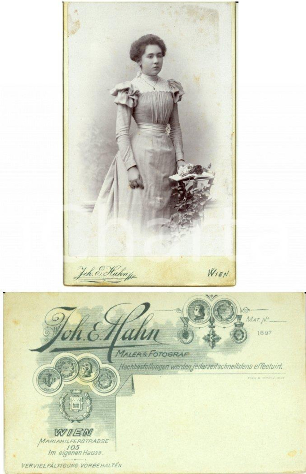 Fotografia d epoca originale 1897 WIEN A Ritratto di donna con fiori e libro Foto J. E. HAHN 1