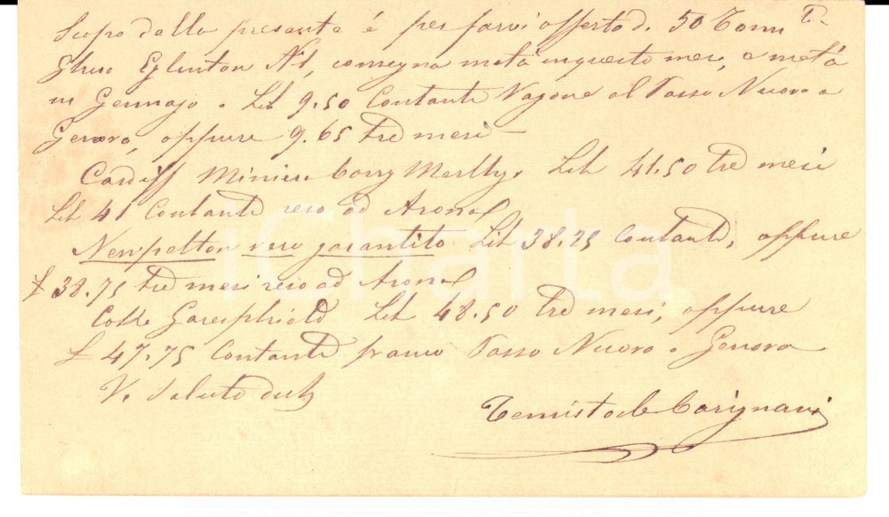 Documento originale, autentico 1880 MILANO Temistocle CARIGNANI a Melchiorre GULLER Verbania per invio ghisa 1