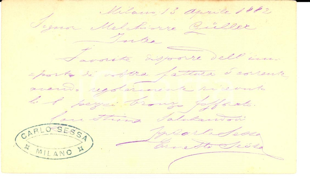 Documento originale, autentico 1882 MILANO Ing. Carlo SESSA a Melchiorre GULLER Verbania INTRA bronzo solforato 1