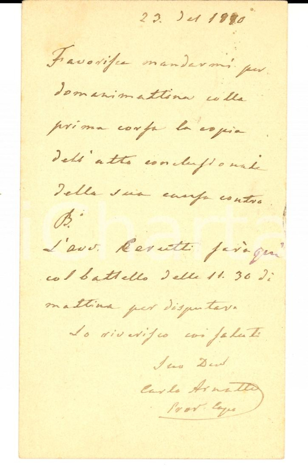 Documento originale, autentico 1880 MILANO Procuratore Carlo ARNATTI a Melchiorre GULLER Verbania Cartolina 1